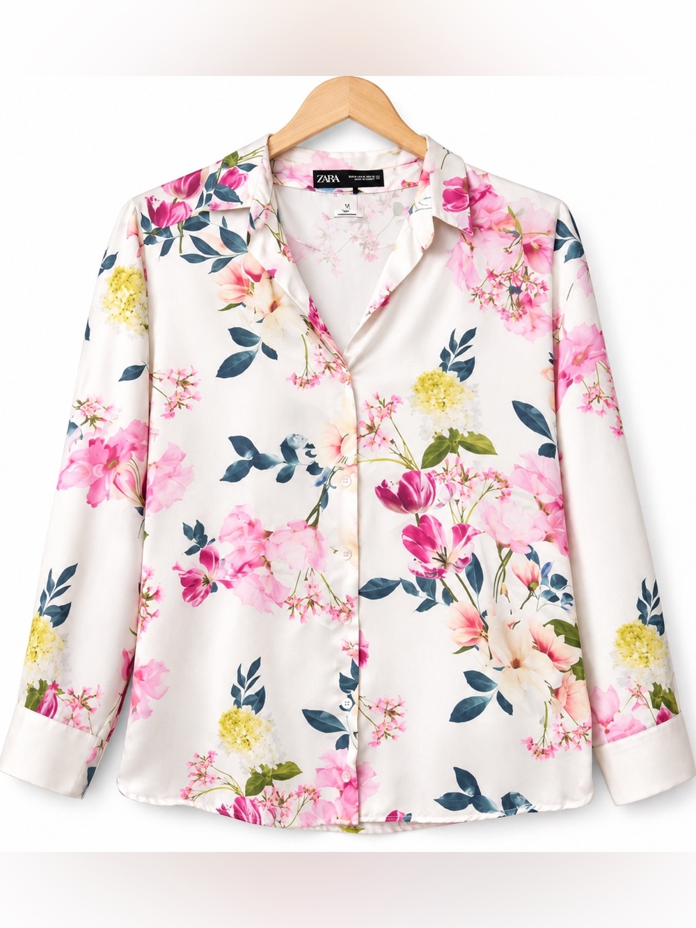 Zara Floral Satin Button Up Blouse Women's M Pink Cream Botanical Shirt